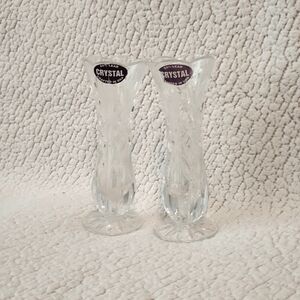 Vintage 90's 24% lead crystal etched glass scalloped opening set of 2 vases USA